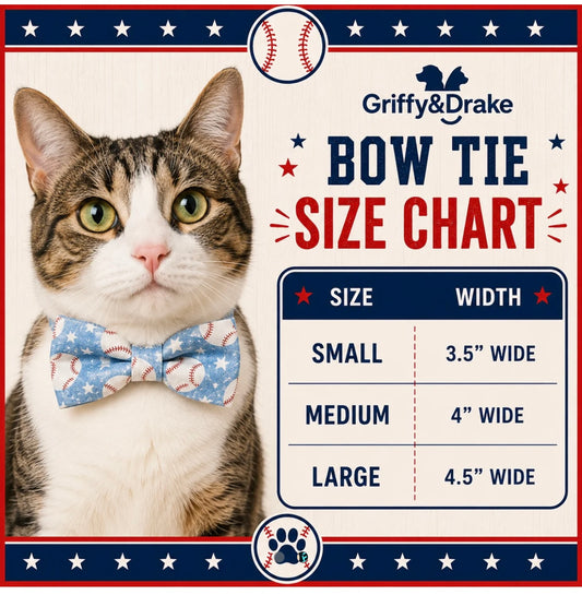 Pet bow tie size chart – Small 3.5 inches, Medium 4 inches, Large 4.5 inches wide