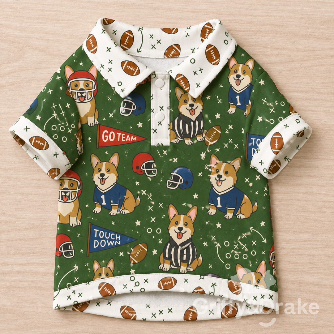 XXL green football corgi pet collar shirt with a white football-print collar.