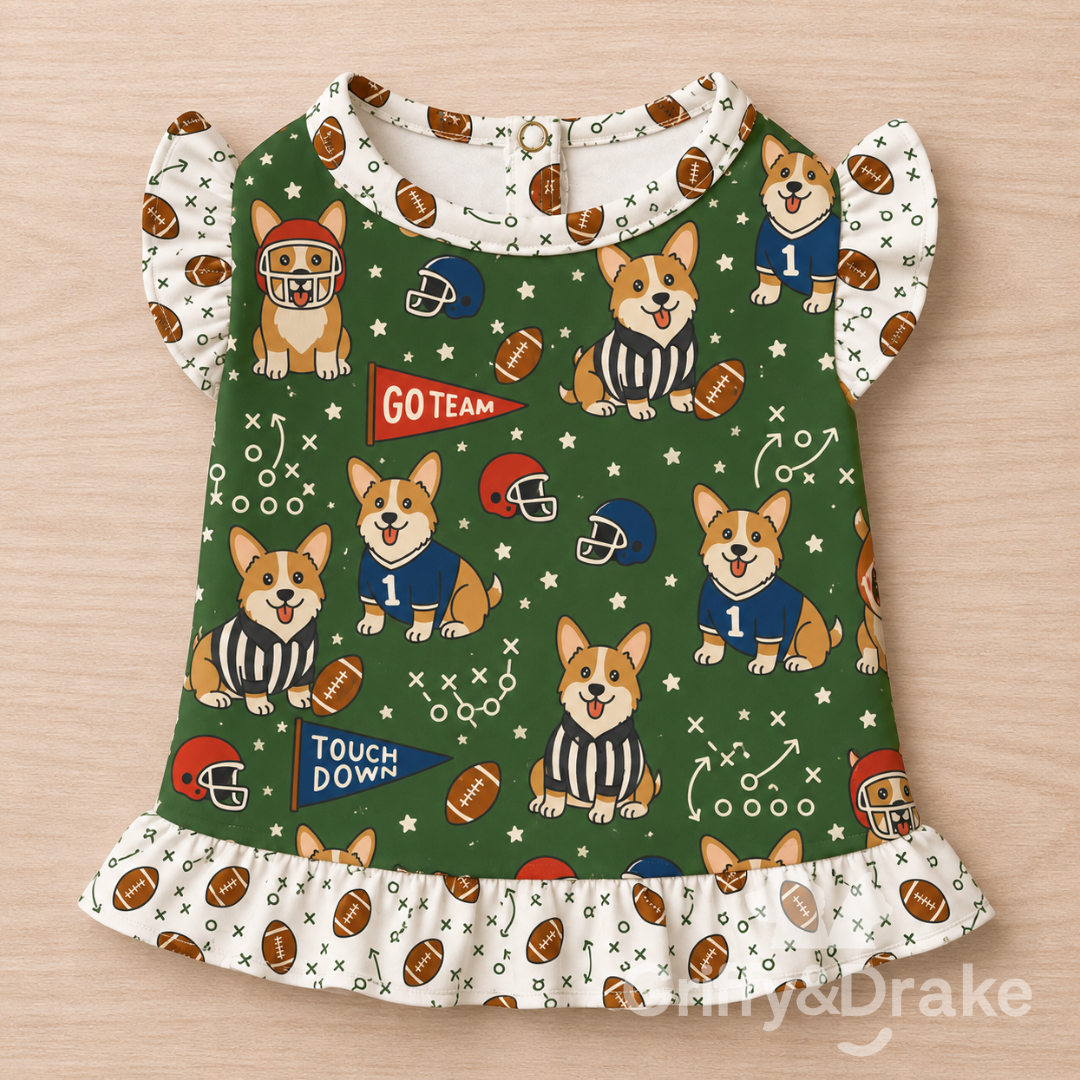 Extra-large green football corgi pet ruffle shirt with coordinating white ruffles.
