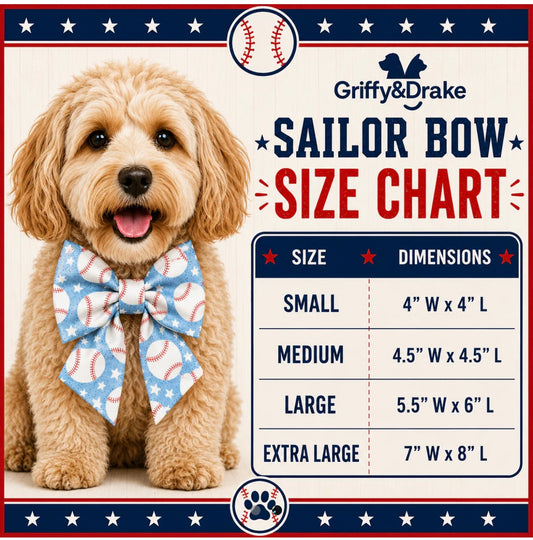 Pet sailor bow size chart – Small 4 x 4 inches, Medium 4.5 x 4.5 inches, Large 5.5 x 6 inches, Extra Large 7 x 8 inches