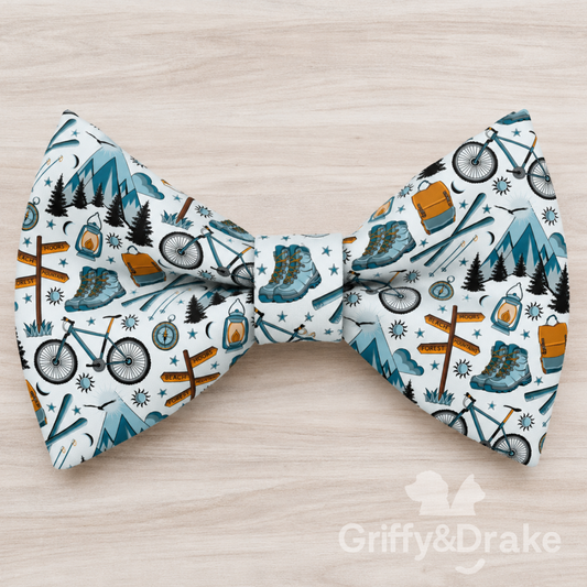 Adventure Awaits camping print dog bow tie pet accessory