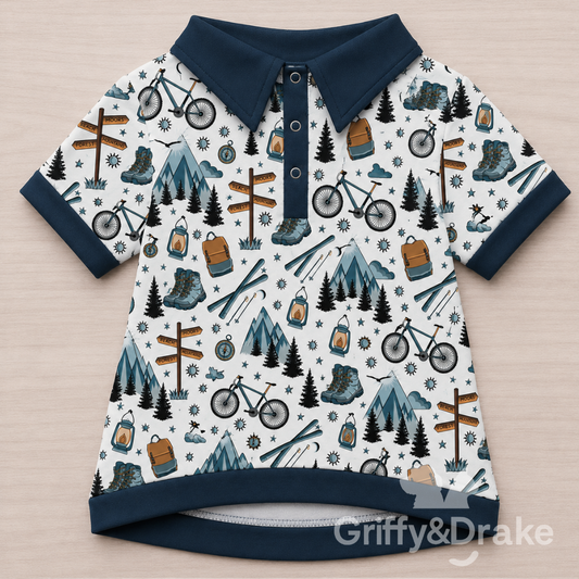 Adventure Awaits camping print collared dog shirt with blue trim