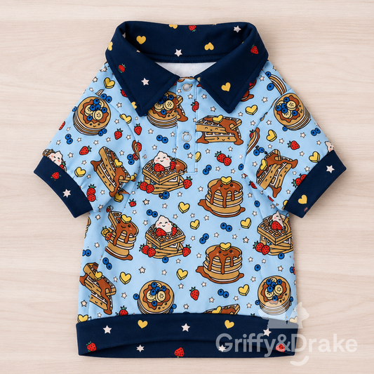Brunch Buddies breakfast print collared dog shirt with navy blue trim