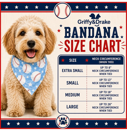 Pet bandana size chart with neck measurements for extra small, small, medium and large