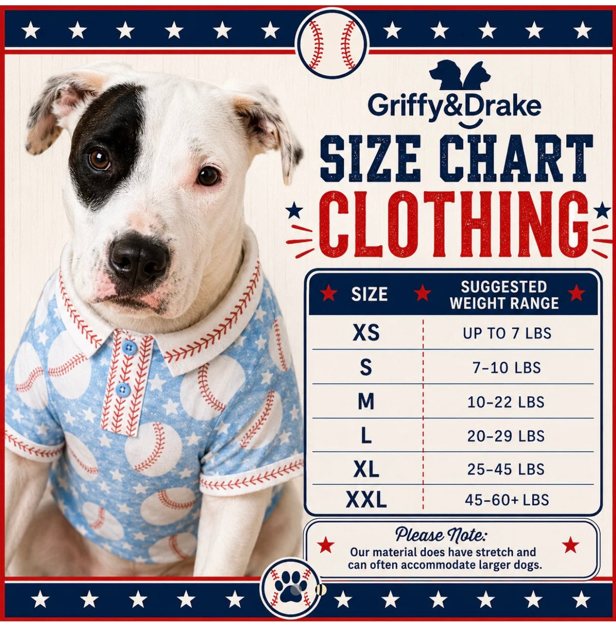 Dog and cat clothing size chart – XS up to 7 lbs, S 7–10 lbs, M 10–22 lbs, L 20–29 lbs, XL 25–45 lbs, XXL 45–60+ lbs