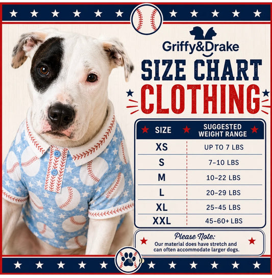 Dog and cat clothing size chart – XS up to 7 lbs, S 7–10 lbs, M 10–22 lbs, L 20–29 lbs, XL 25–45 lbs, XXL 45–60+ lbs