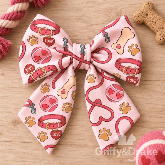 Love Unleashed sailor bow for cats or dogs in a pink Valentine pet-themed print.