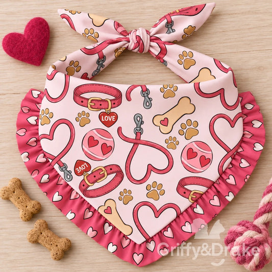 Love Unleashed ruffle pet bandana with a pink Valentine print and dark pink heart-patterned trim.