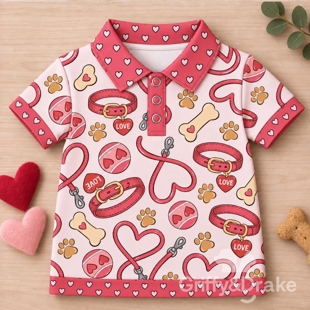 Love Unleashed collared pet shirt with a pink Valentine dog print and coordinating heart-patterned collar and trim.