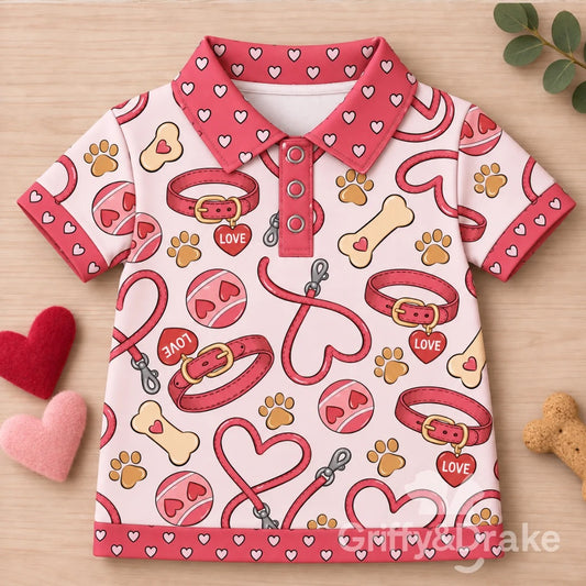 Love Unleashed collared pet shirt with a pink Valentine dog print and coordinating heart-patterned collar and trim.