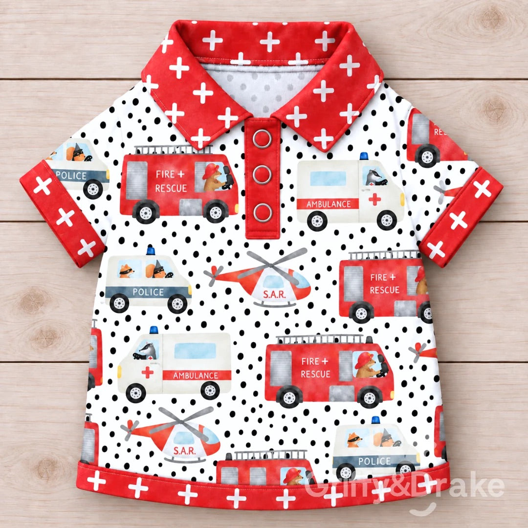 Ready to Rescue pet collar shirt featuring fire trucks, ambulances, police vehicles and rescue helicopters in red, white and black.