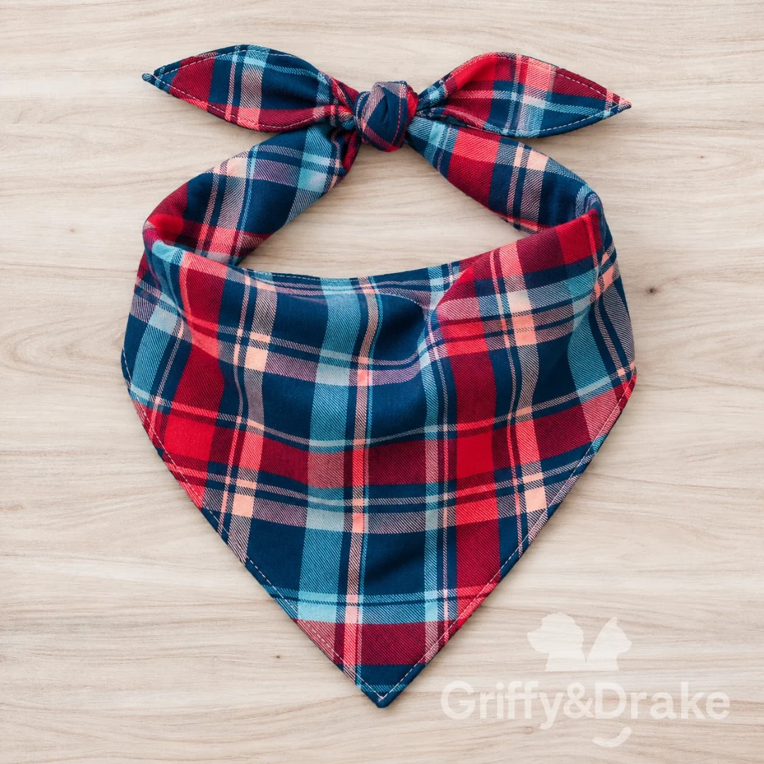 Cranberry Kisses pet bandana in cranberry red, deep blue, teal, and pale pink plaid.