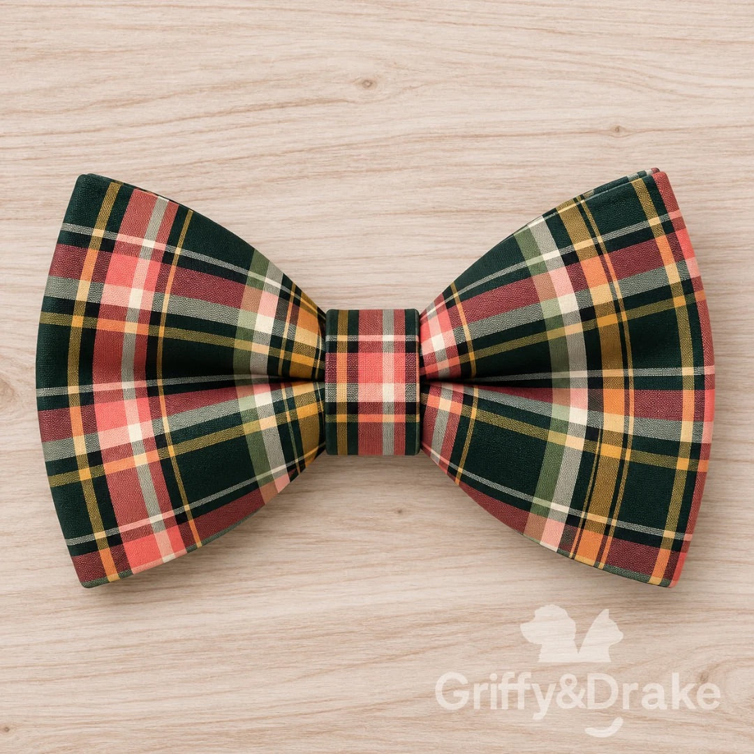 Wildflower Wishes pet bow tie in deep green, coral, cream, and golden yellow plaid.