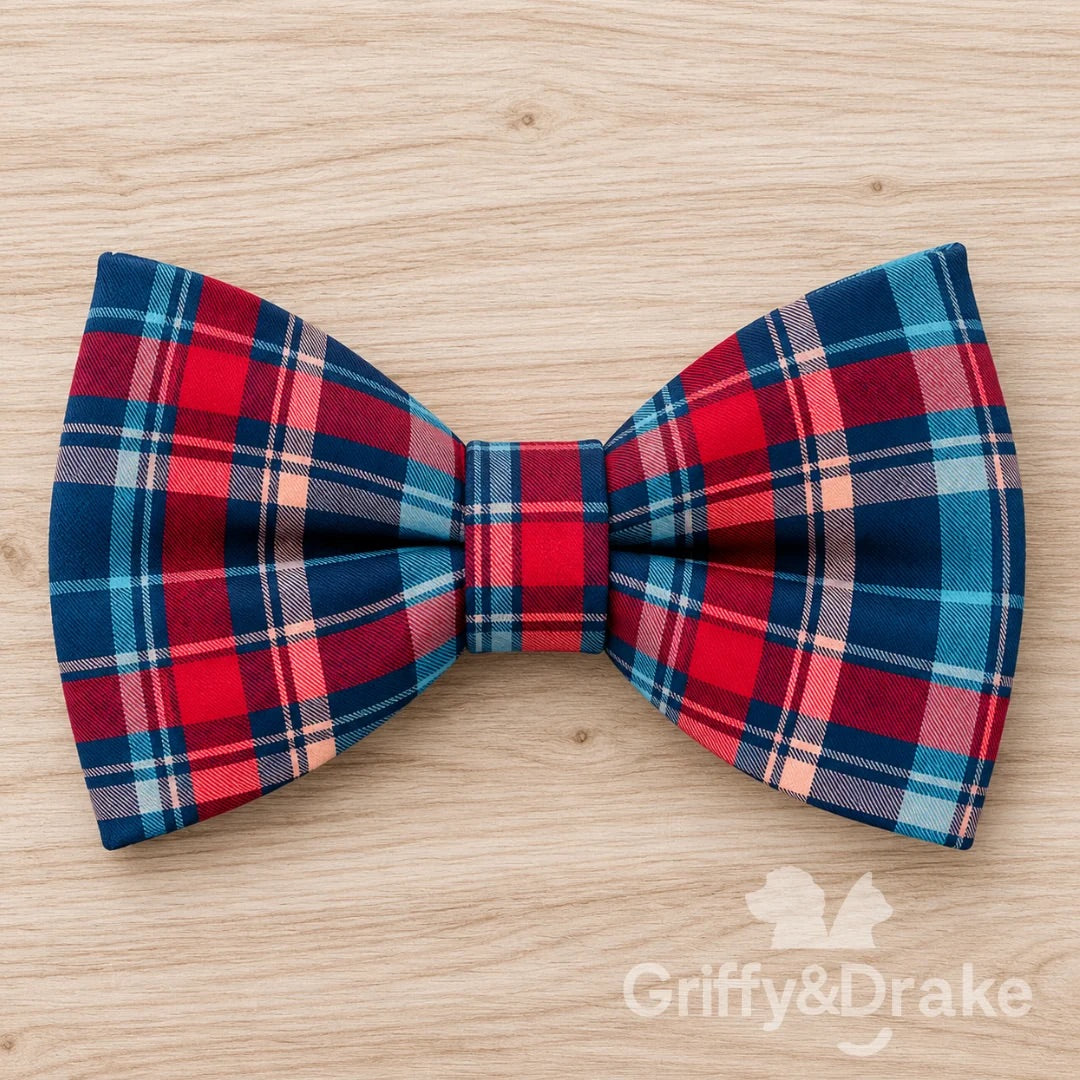 Cranberry Kisses pet bow tie in cranberry red, deep blue, teal, and pale pink plaid.
