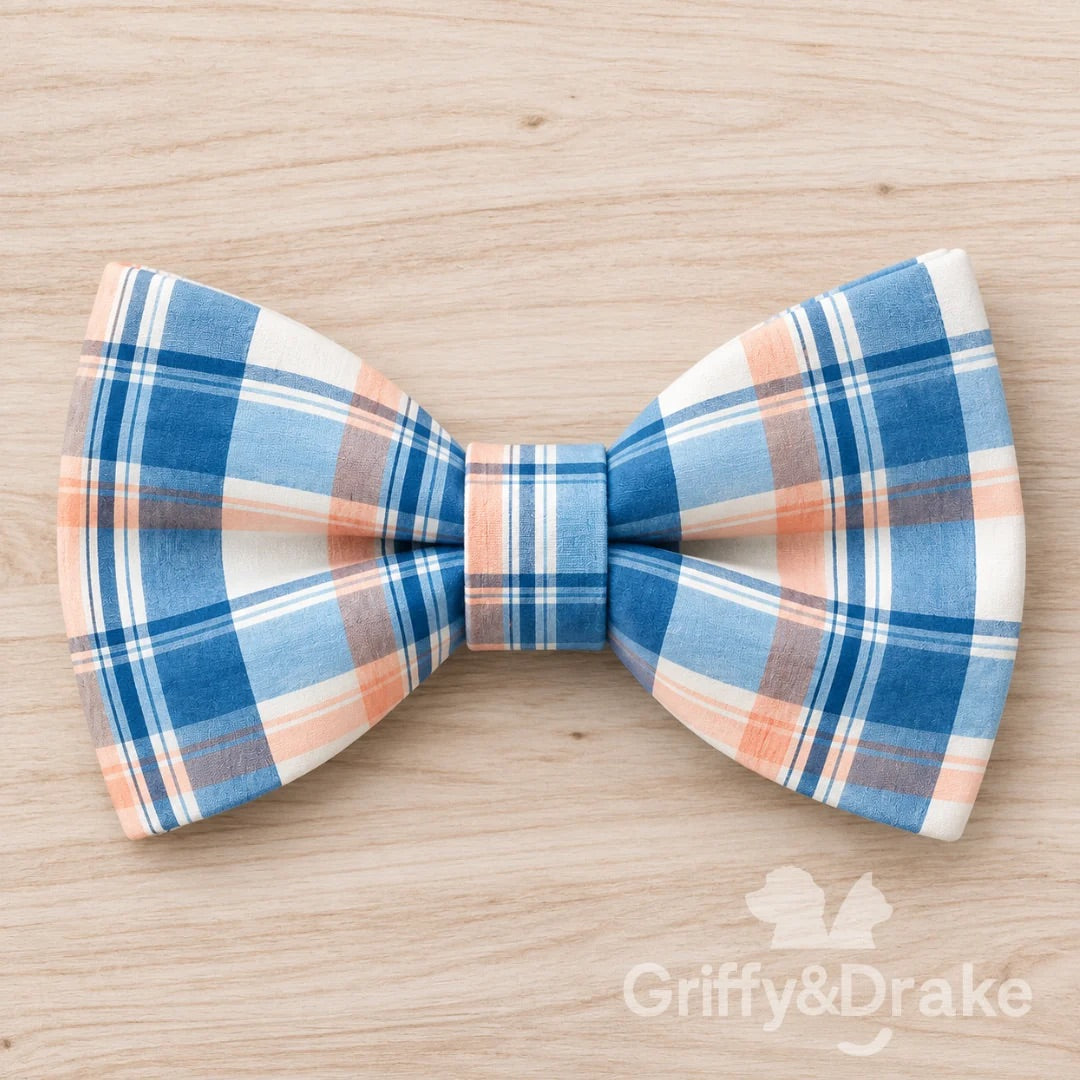 Blueberry Blossoms pet bow tie in blue, peach, and cream plaid.