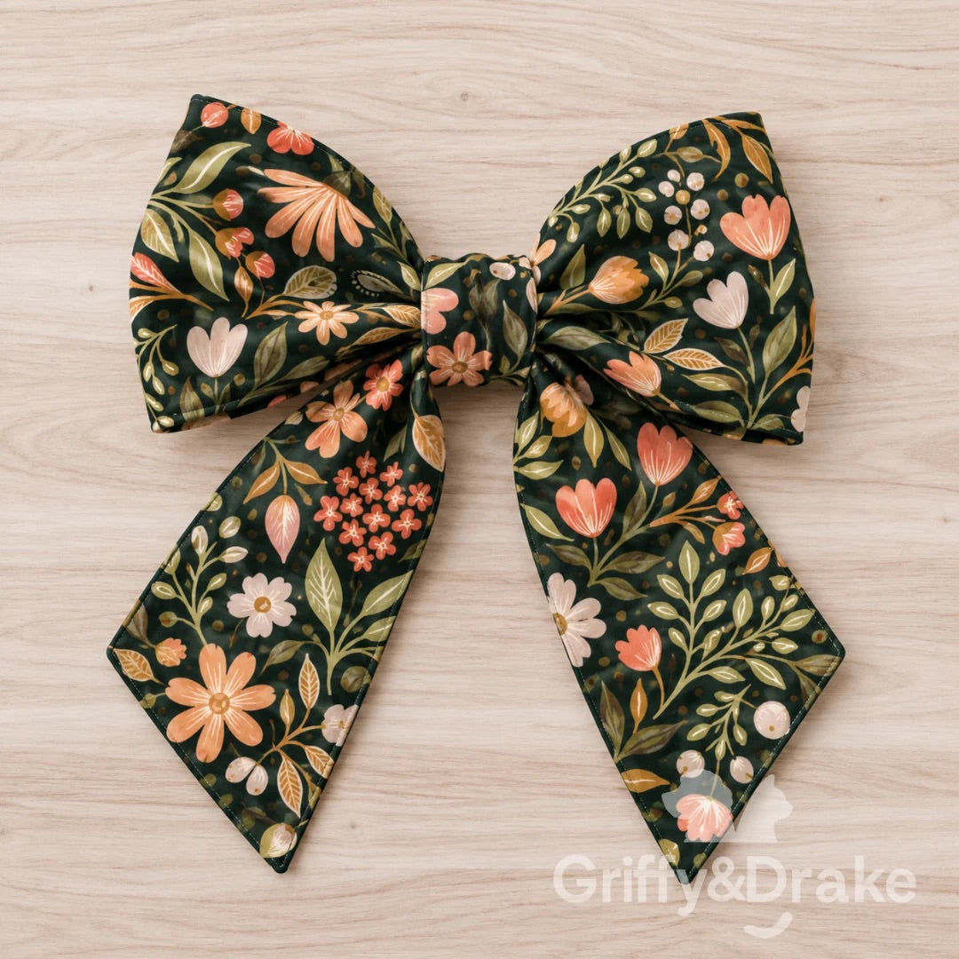 Wildflower Wishes pet sailor bow with long tails and peach, coral, and cream flowers on a dark background.