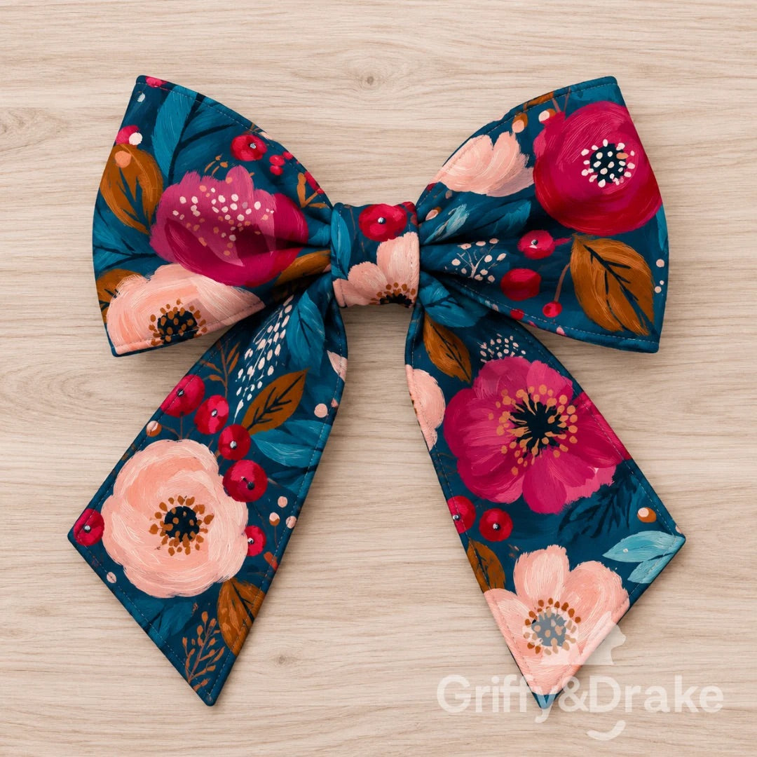 Cranberry Kisses pet sailor bow with long tails and cranberry, pink, and peach flowers on a deep blue background.