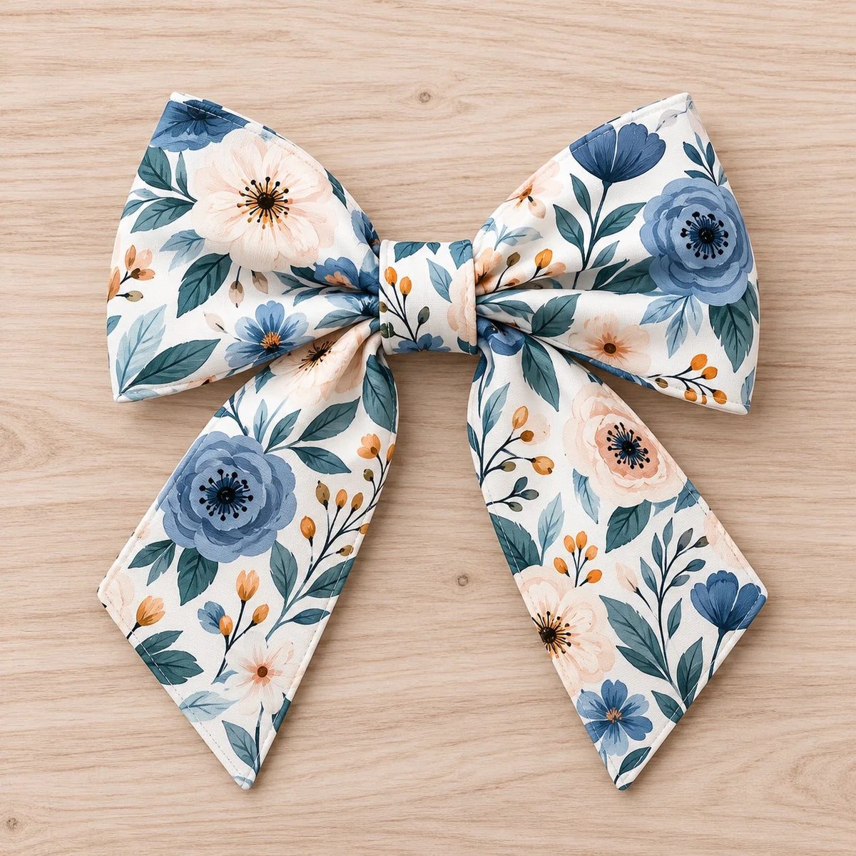 Blueberry Blossoms pet sailor bow with long tails and blue and peach flowers on a light background.