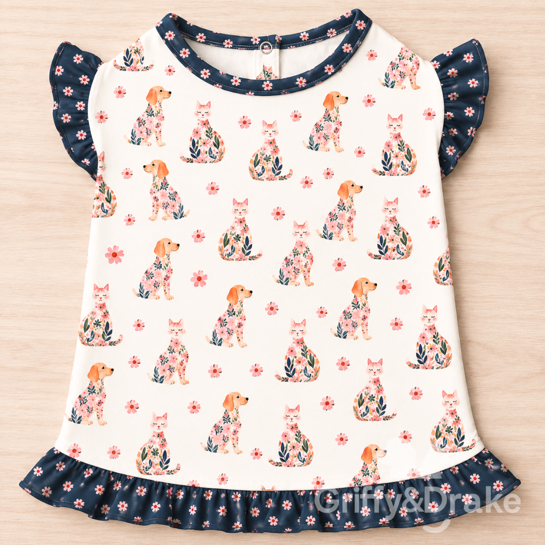 Petal Pets floral dog and cat print ruffle dog shirt with navy trim