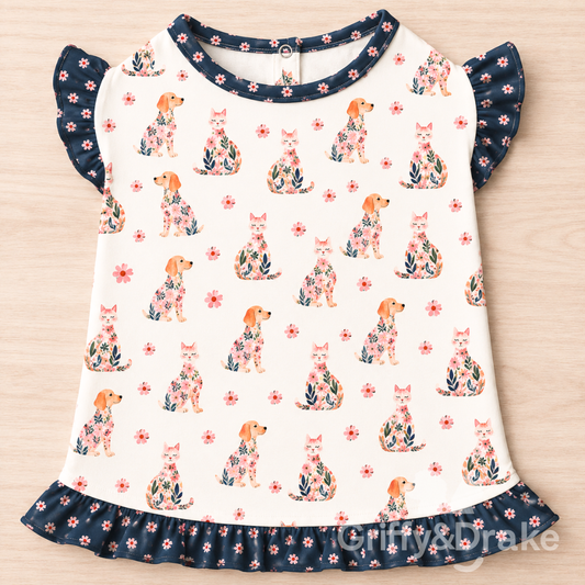 Petal Pets floral dog and cat print ruffle dog shirt with navy trim