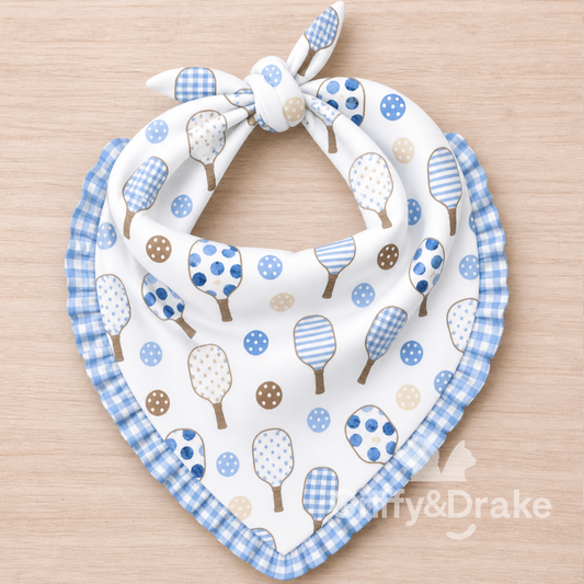 Pickleball Pals blue and white pickleball print ruffle dog bandana