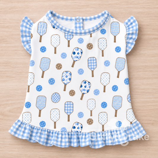 Pickleball Pals blue and white pickleball print ruffle dog shirt