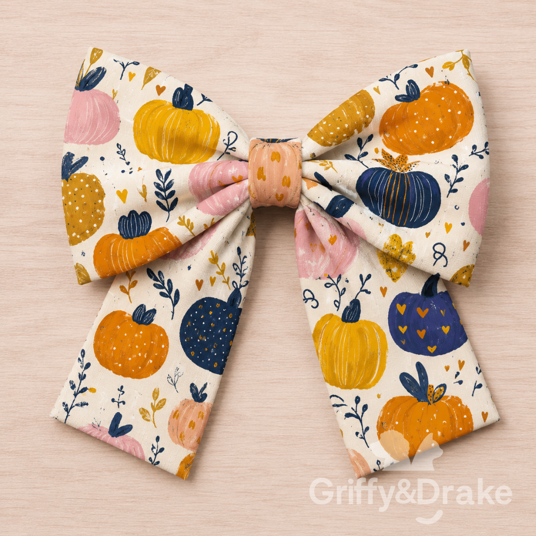 Small cream pet sailor bow with colorful pumpkins and autumn leaf details.